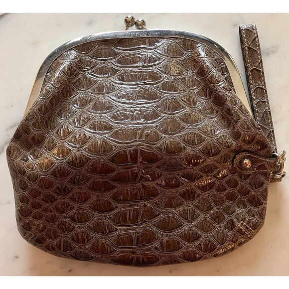 GUESS Faux Crocodile Leather Textured Wristlet Clutch Brown - Picture 6 of 10